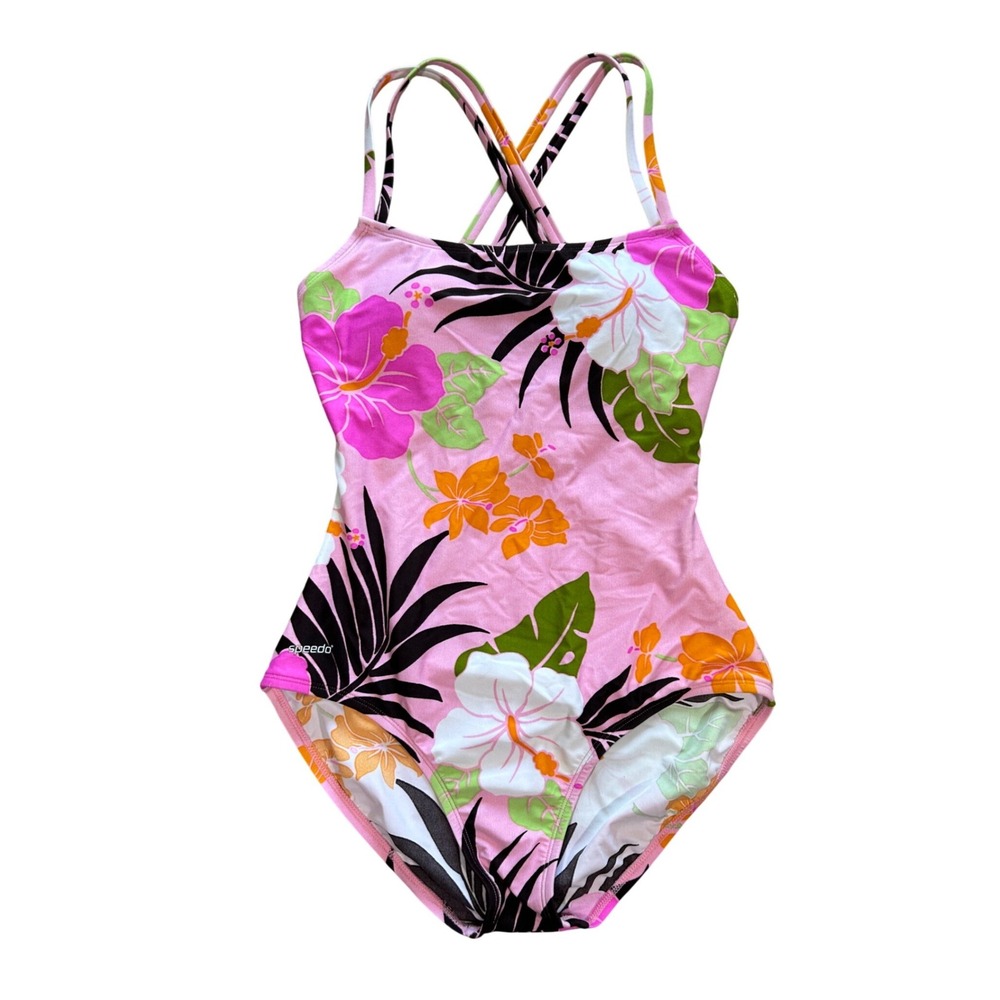 NWT Speedo Womens Pink Tropical Hibiscus Floral One Piece Swimsuit Beach Y2K 10